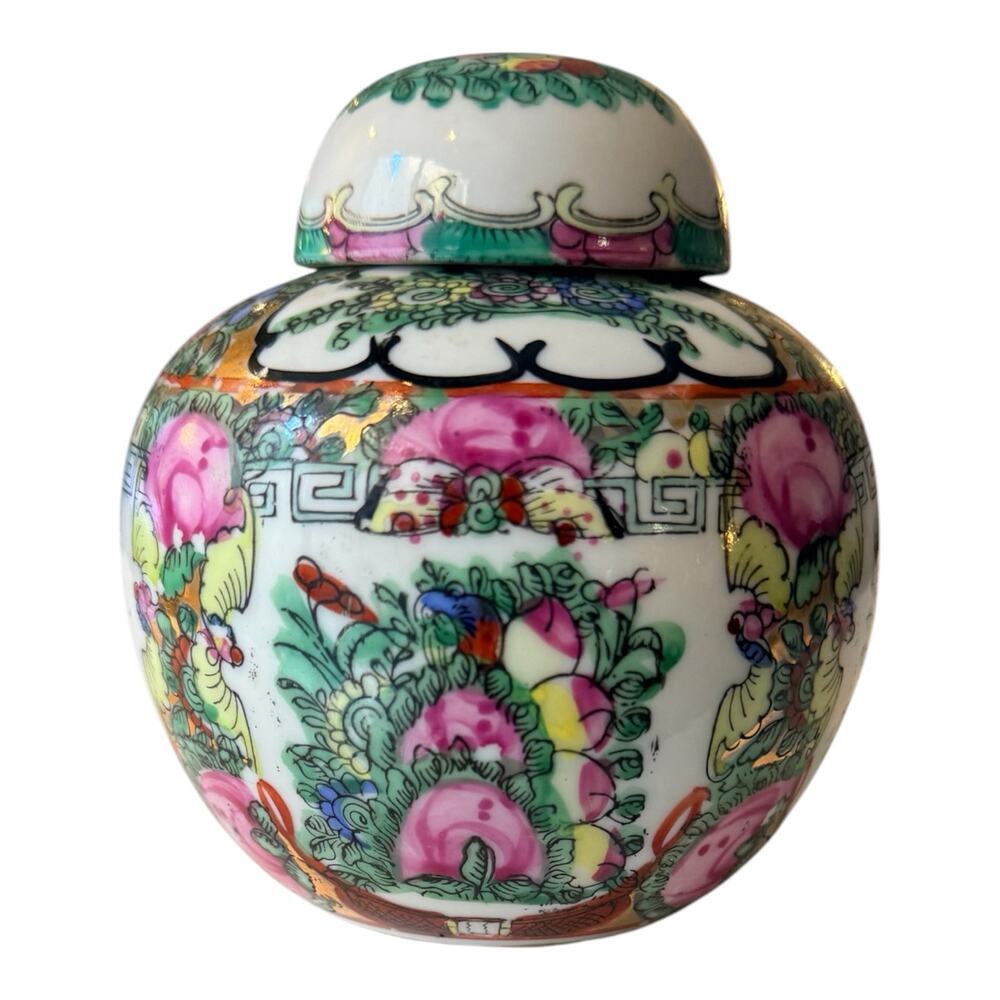 Porcelain Rose Canton Ginger Jar 5" Floral Chinoiserie Hong Kong